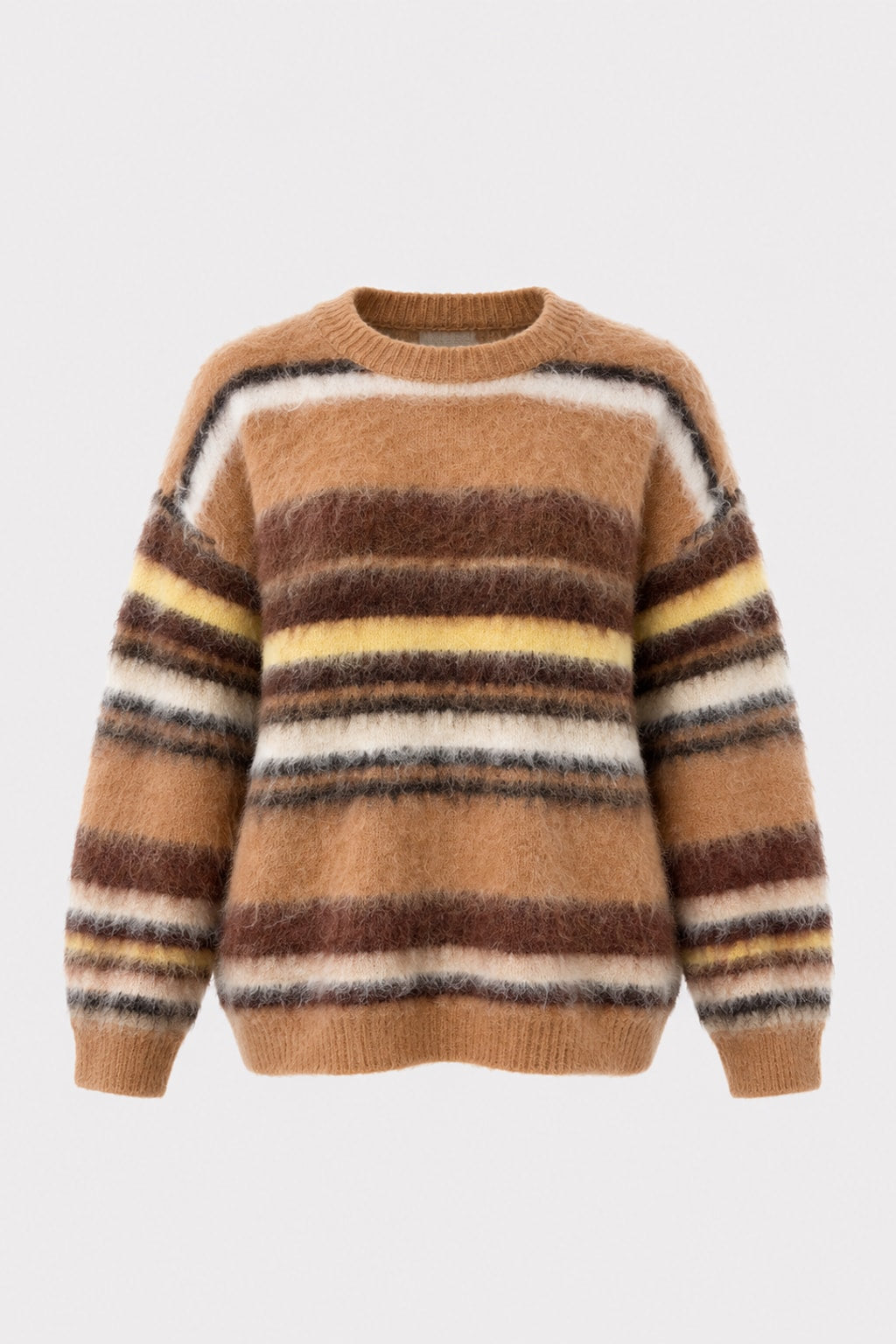 Oversized brushed mohair blend crew neck sweater in camel, brown, cream and yellow stripes