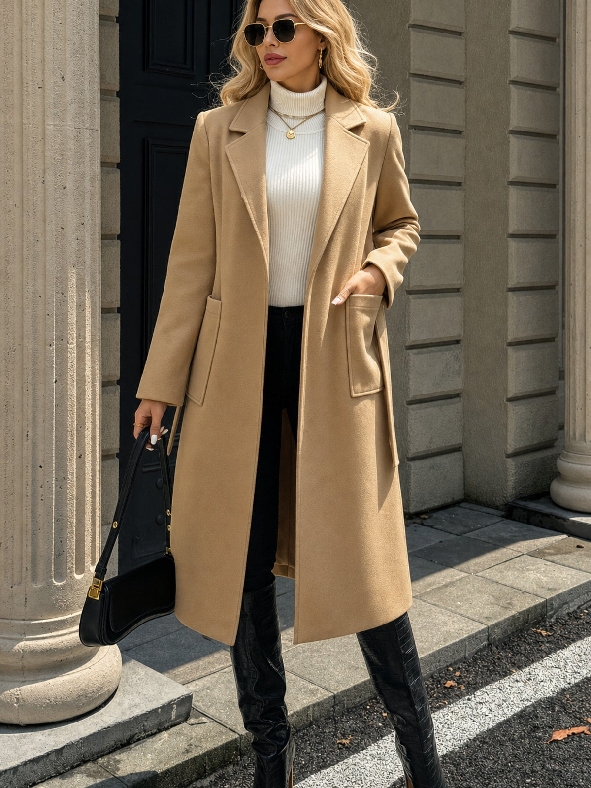 Warm Tailored Belted Long Coat With Adjustable Waist Tie - 5