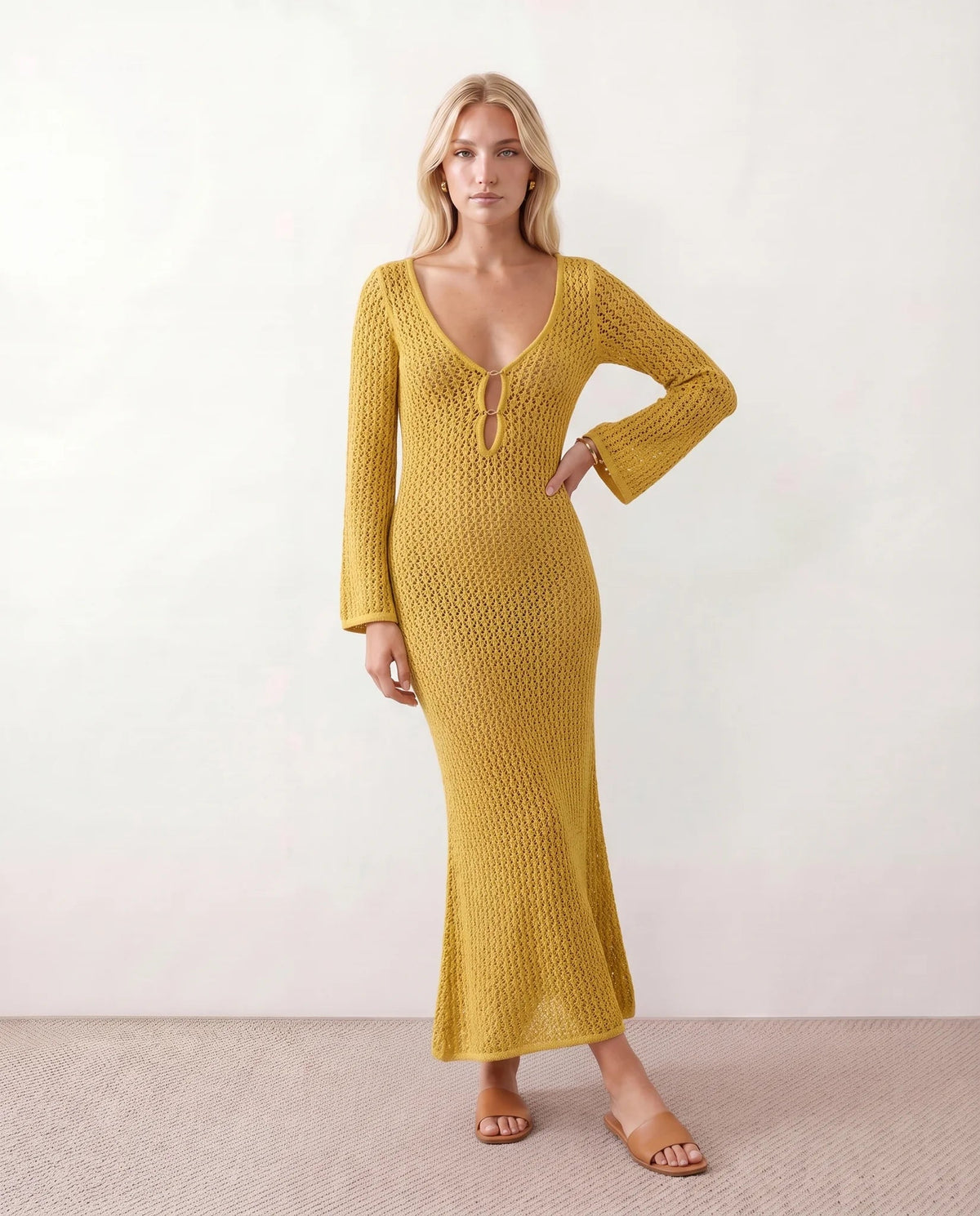 Open-Knit Crochet Plunge Maxi Dress - view 14