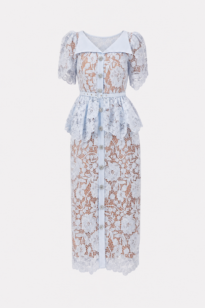Off-Shoulder Belted Lace Midi Dress in Blue