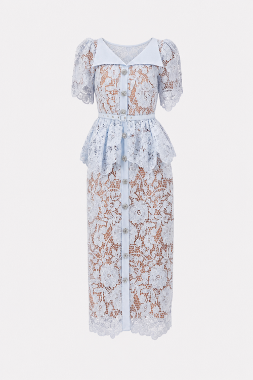 Off-Shoulder Belted Lace Midi Dress in Blue
