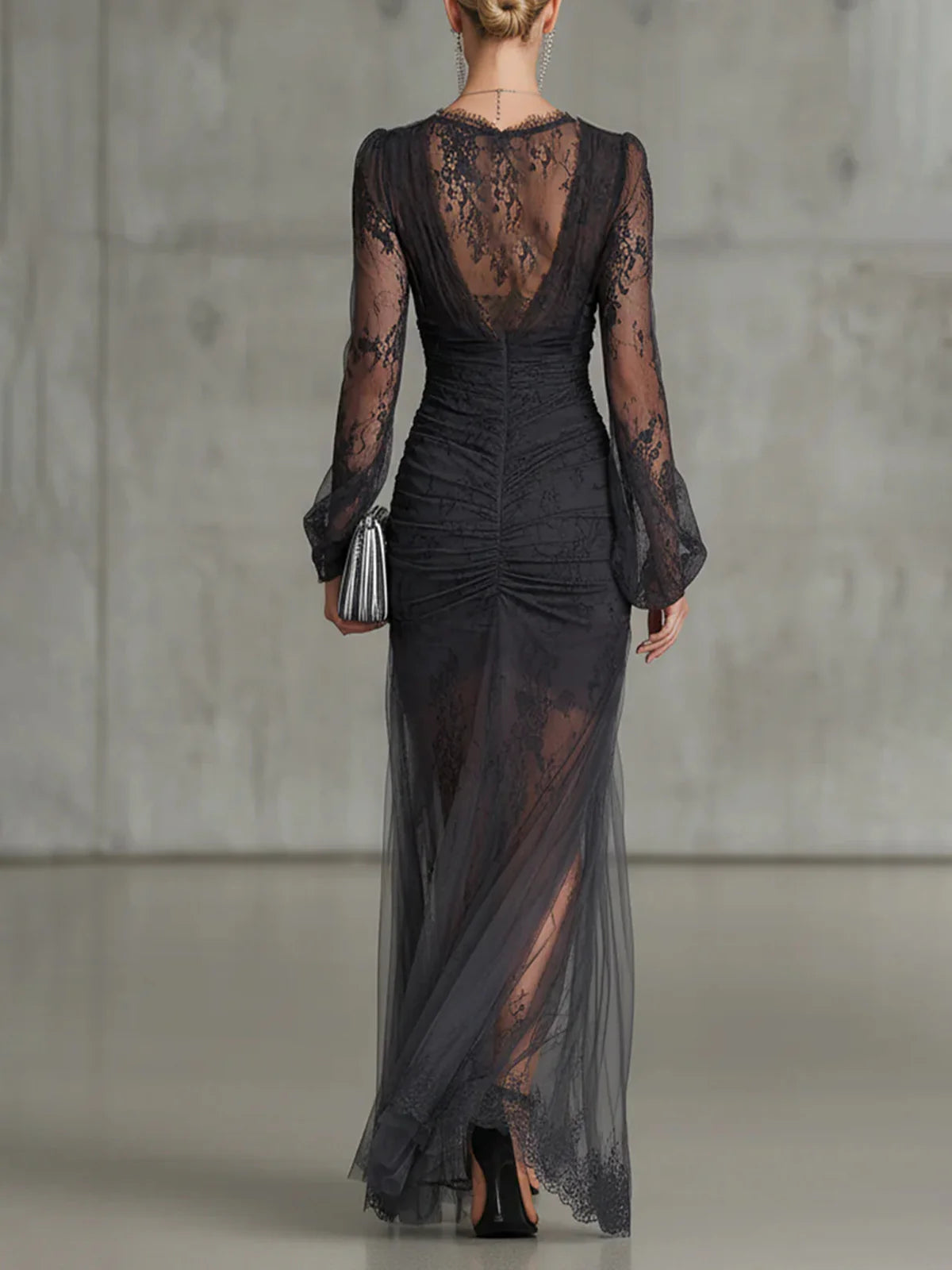 Sheer Sleeve Lace Gown With Thigh Slit - view 4