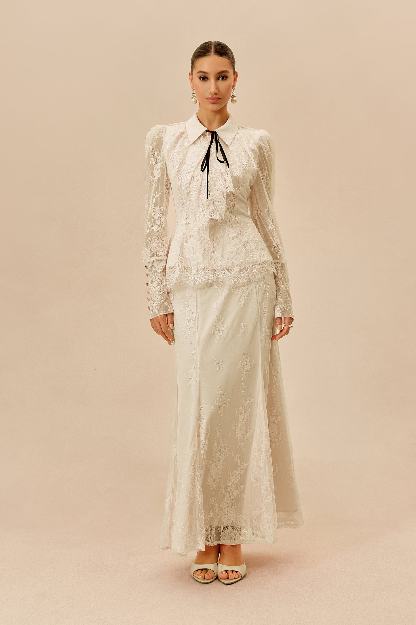 Apricot Lace Collared Top and Maxi Skirt Set - view 2