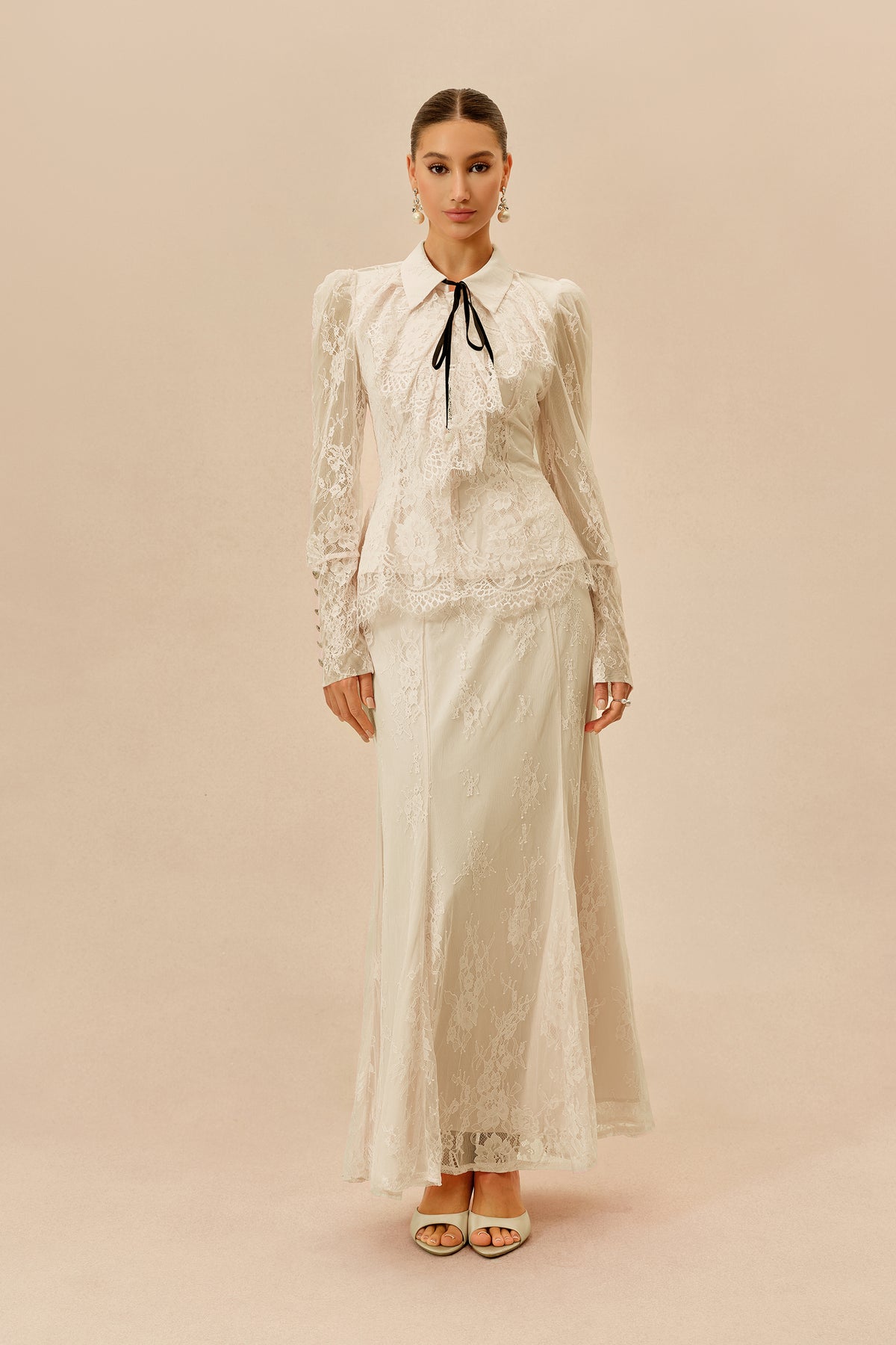 Apricot Lace Collared Top and Maxi Skirt Set - view 2