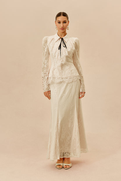 Apricot Lace Collared Top and Maxi Skirt Set - view 2