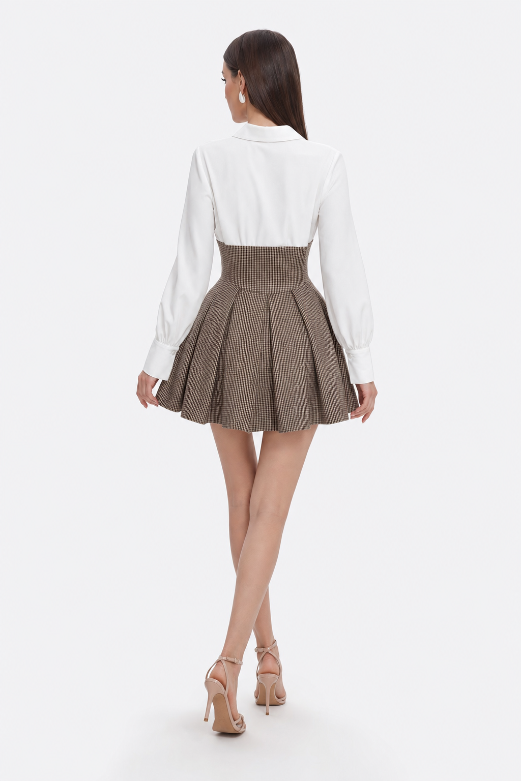 Brown Houndstooth Tweed Pleated Mini Dress - view 4
