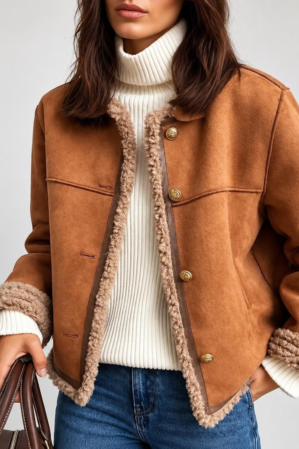 Faux Suede Jacket With Faux Fur Trim - 3