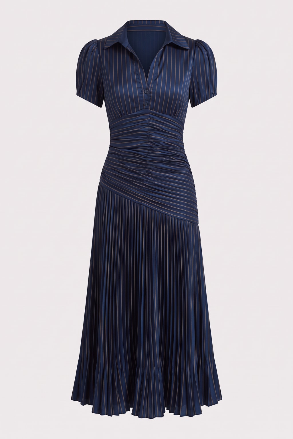 Lightweight Fabric Blend Midi Dress Pleated Striped - 1
