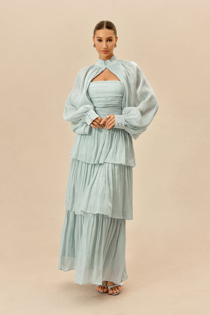 Light Blue Tiered Chiffon Maxi Dress, Detachable Sleeves - view 2