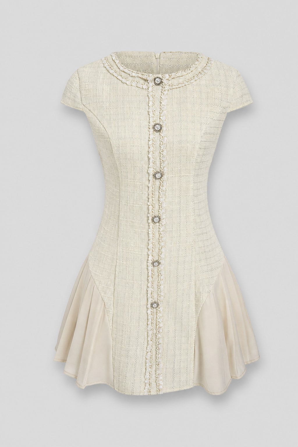 Textured Button-Sleeve Round Neck Mini Dress - 1