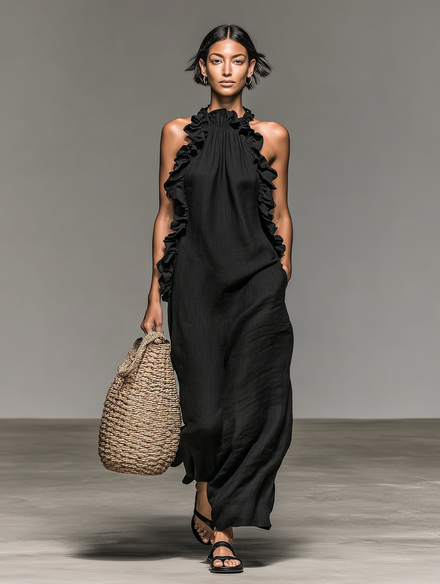 Sleeveless Maxi Dress with Ruffle Trim and Pockets - view 2