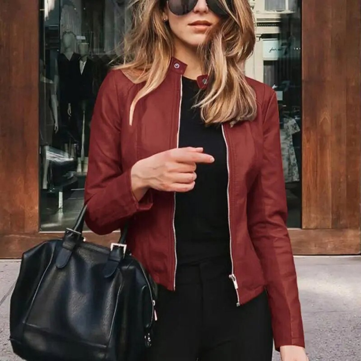Faux Leather Moto Jacket with Band Collar - view 13