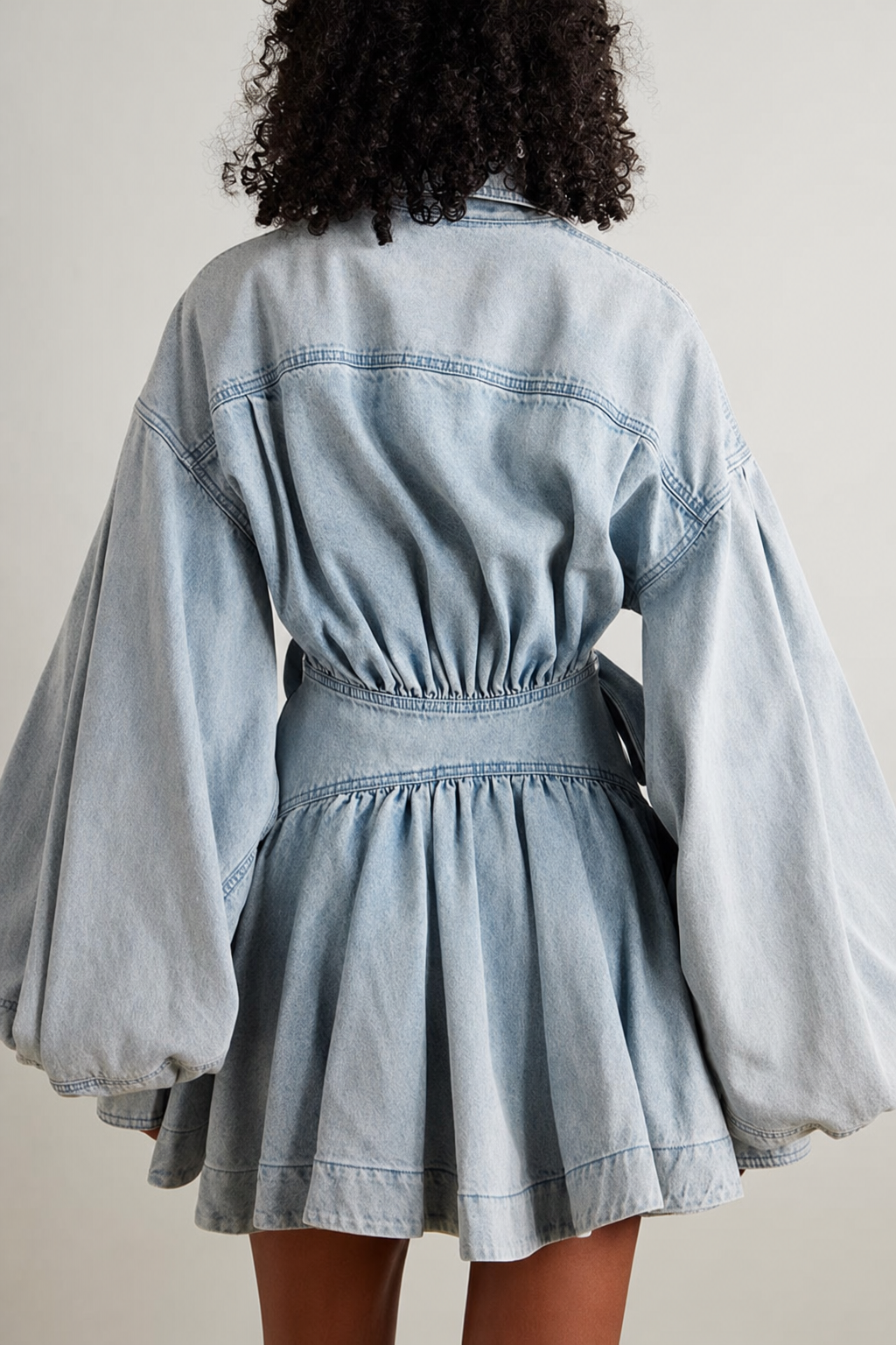 Denim Wrap Mini Dress with Balloon Sleeves - view 6