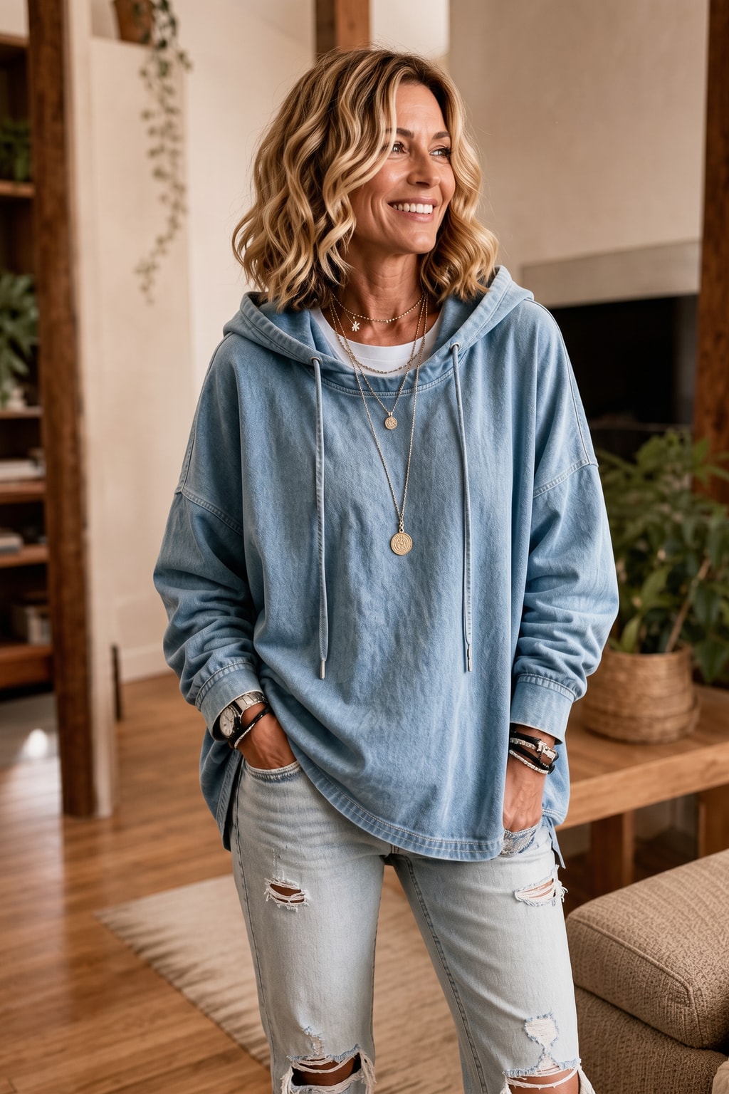 Denim-Look Oversized Dropped-Shoulder Hoodie - 4