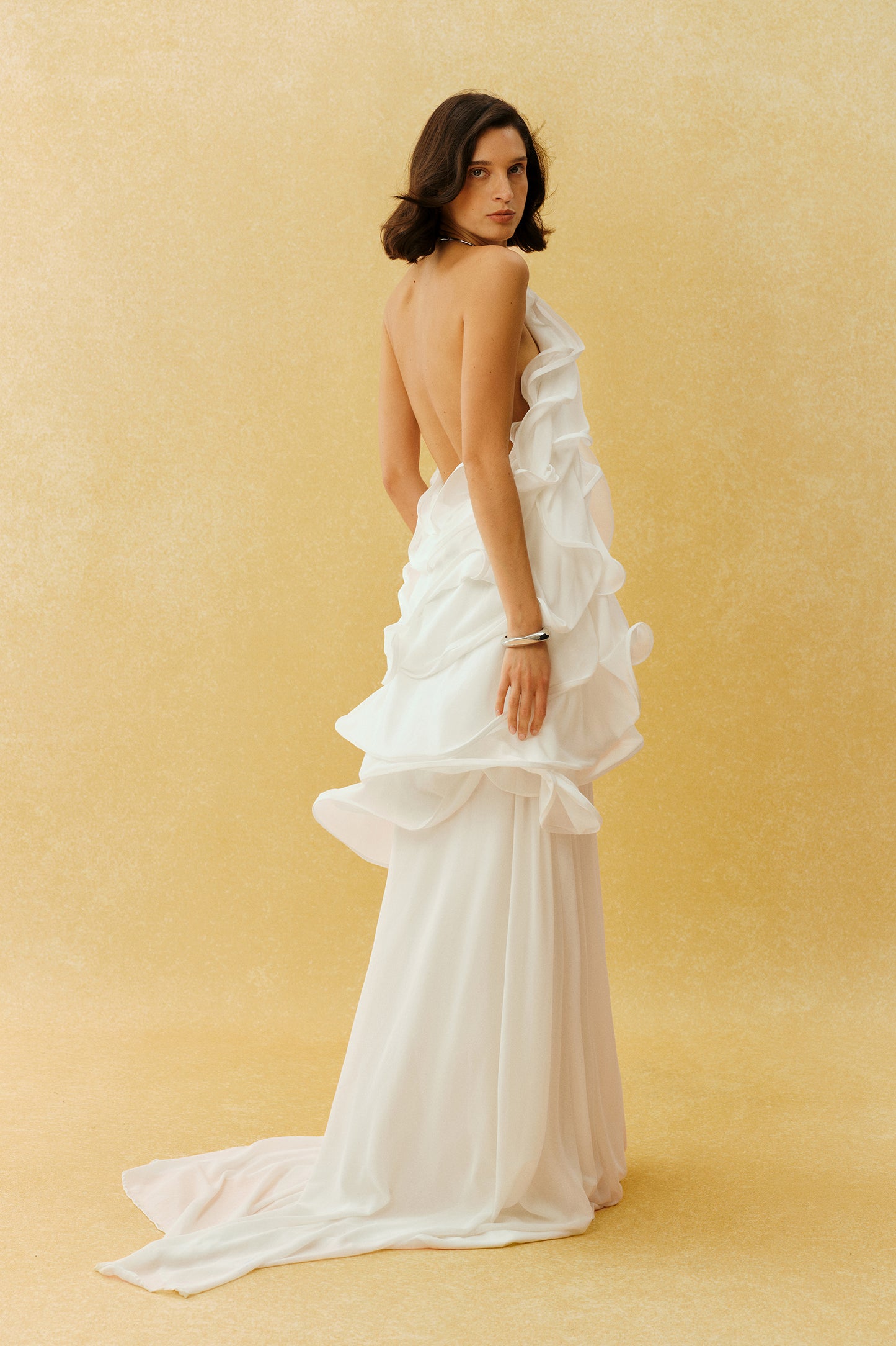 White halter ruffle chiffon maxi dress - view 4