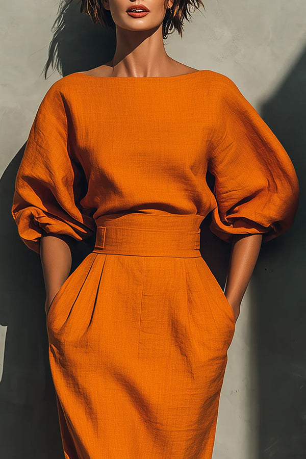 Puff Sleeve High-Waisted Midi Dress - view 5