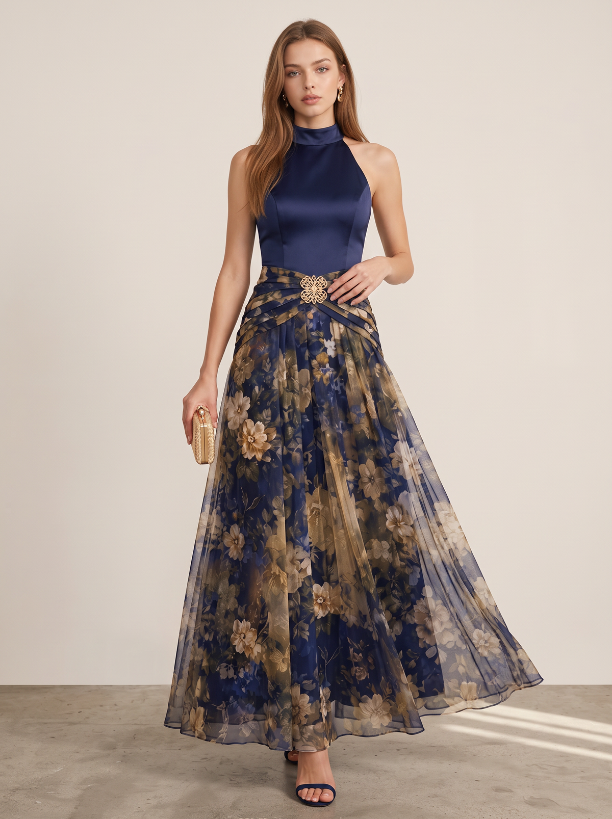 Navy Satin Maxi Dress With Tulle Hem - view 5