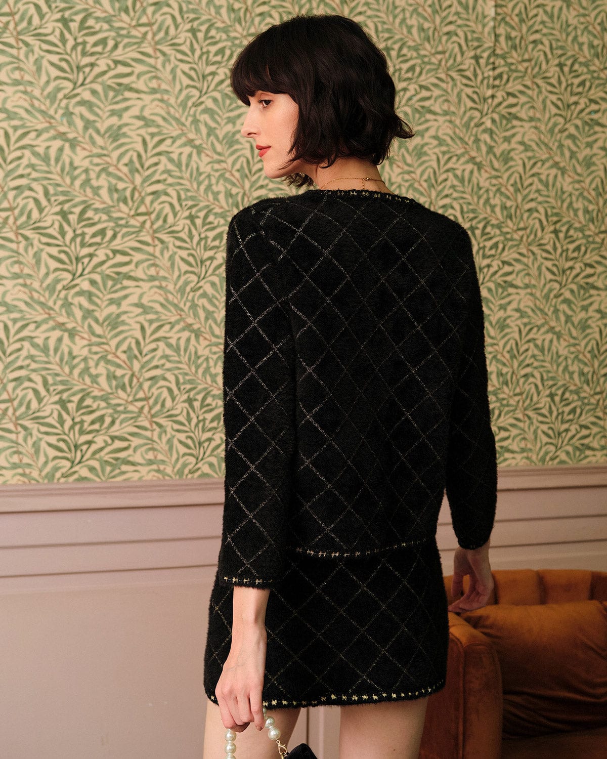 Argyle Cardigan and Mini Skirt Set in Black - view 4
