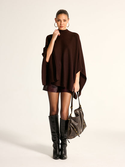 Dark Brown Belted Knit Cape Top with High Neck - view 6