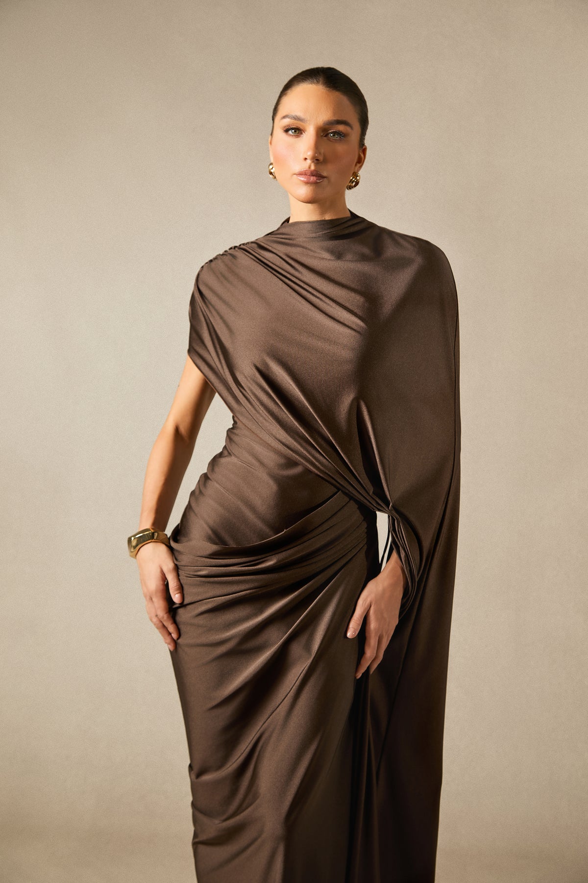 Draped Maxi Dress with Asymmetric Cape Sleeve - view 3
