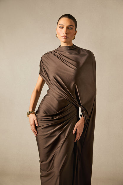 Draped Maxi Dress with Asymmetric Cape Sleeve - view 3