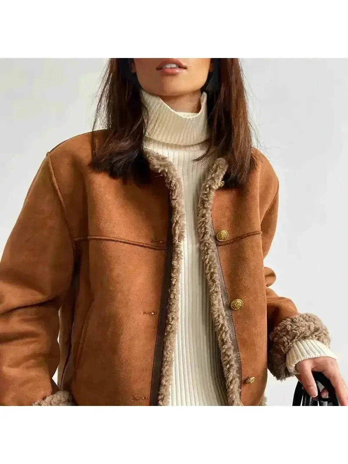 Brown cropped suede shearling collarless jacket - view 4