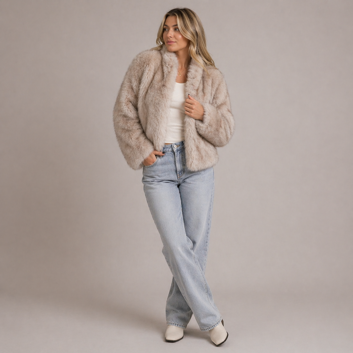 Cropped Faux Fur Jacket, Relaxed Fit - view 2