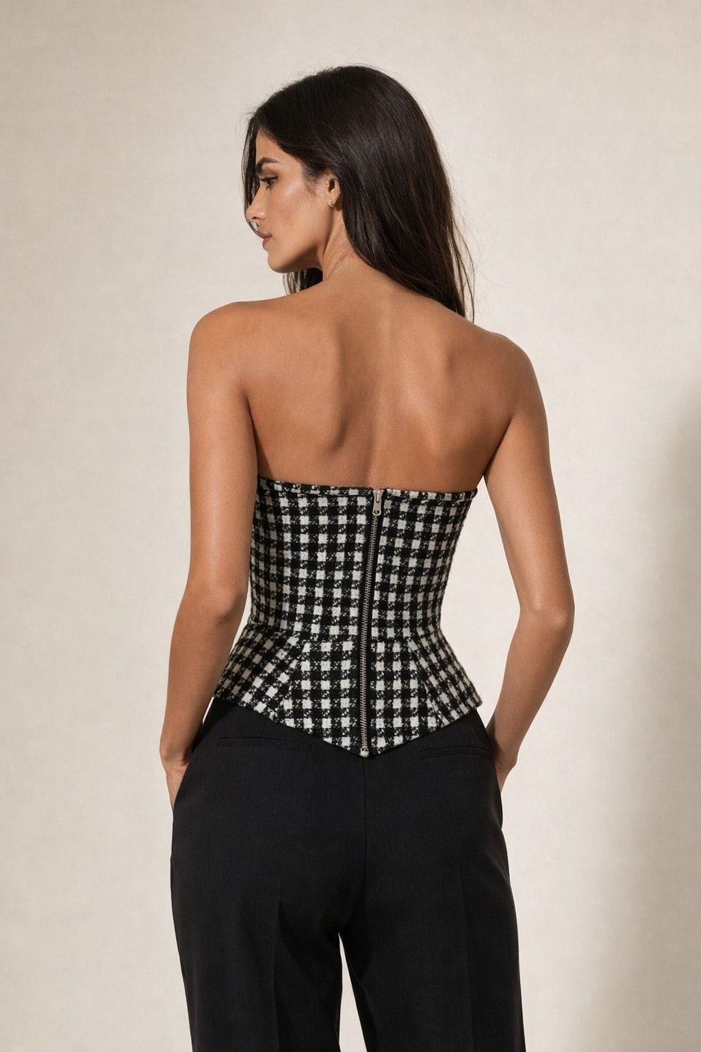 Cotton Blend Tweed Corset with Peplum Waist - 3
