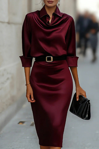 Satin midi dress with lapel collar and long sleeves - view 2