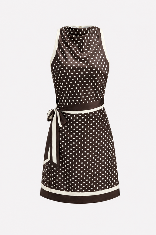 Brown satin polka dot tie-waist mini dress