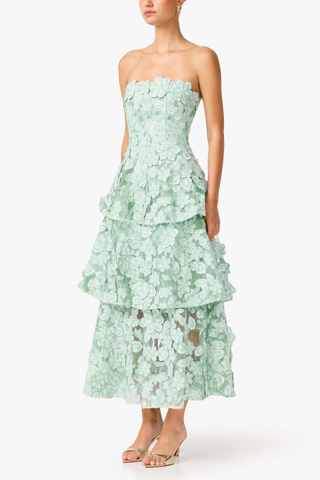 Green Embroidered Off Shoulder Tiered Maxi Dress - 2