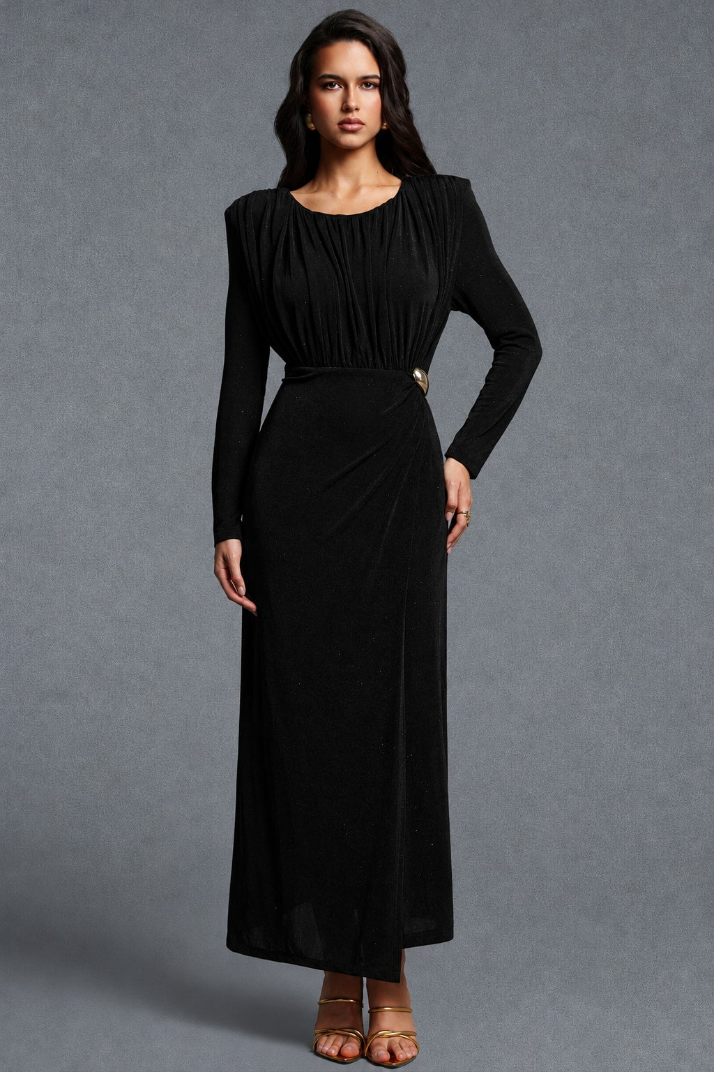 Knit Maxi Dress Long Sleeve Ruched Buckle - 7