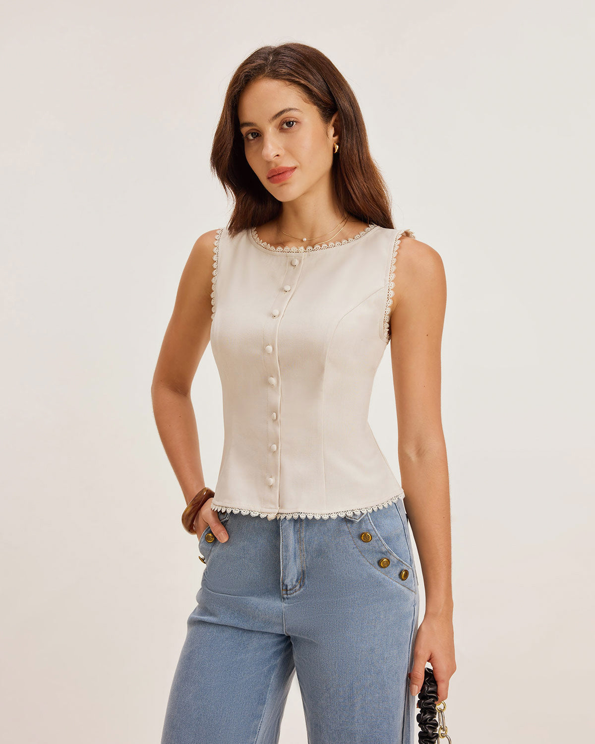 Apricot Boat Neck Button Vest with Tie Back - view 2