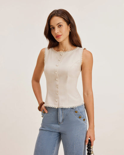 Apricot Boat Neck Button Vest with Tie Back - view 2