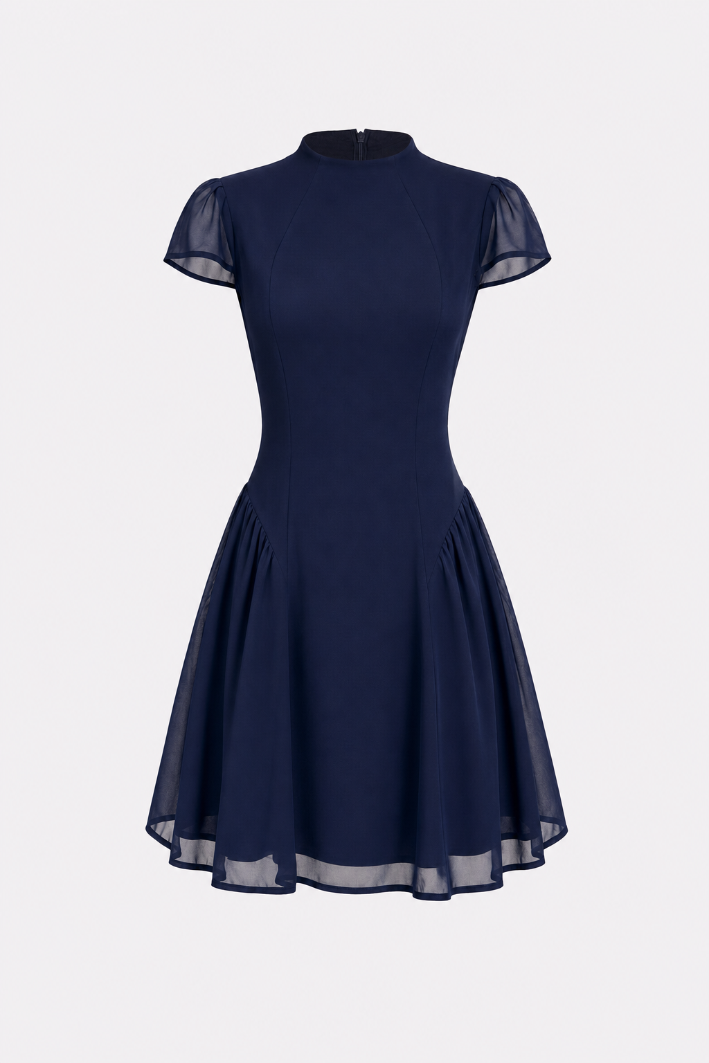 Blue Ruched A-Line Mini Dress, Cap Sleeves