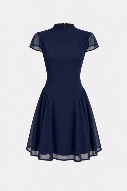 Blue Ruched A-Line Mini Dress, Cap Sleeves