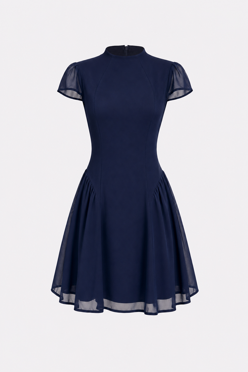 Blue Ruched A-Line Mini Dress, Cap Sleeves