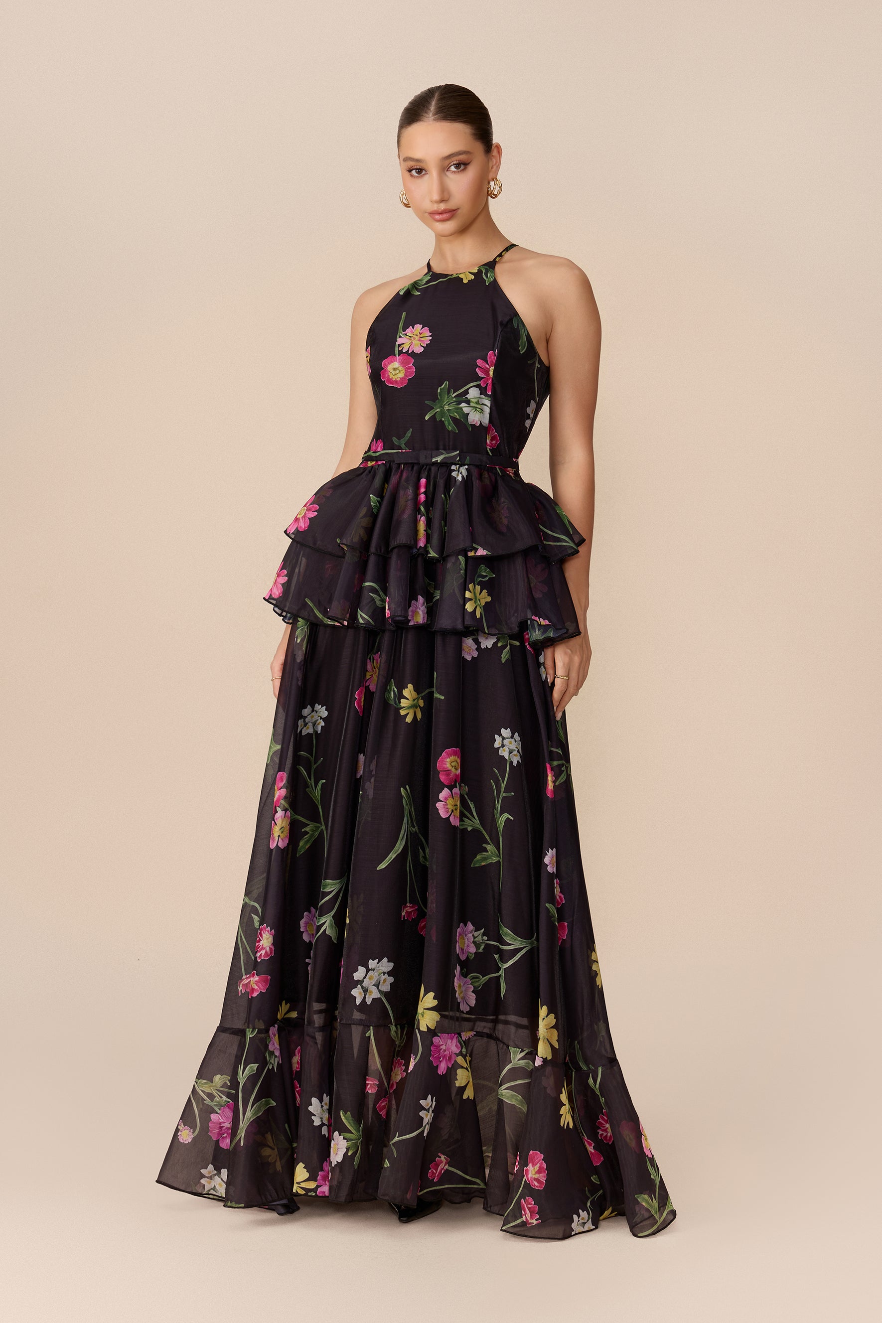 Black floral print tiered maxi dress with halter neck - view 5