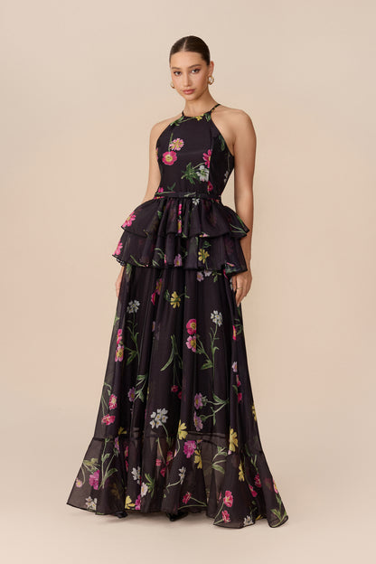 Black floral print tiered maxi dress with halter neck - view 5