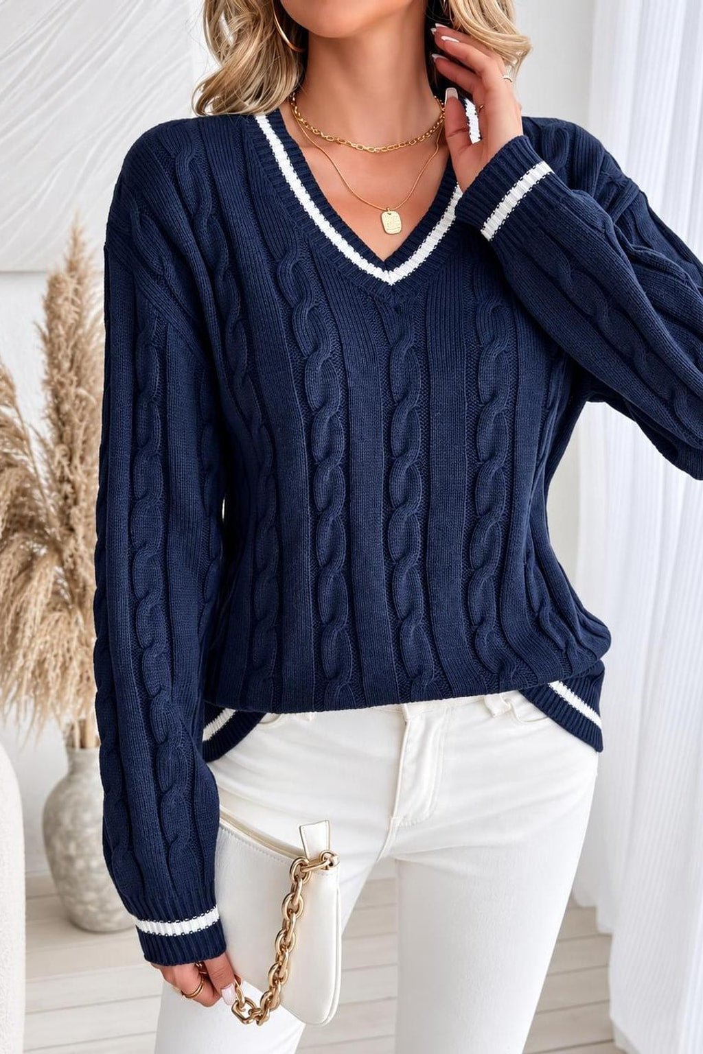 Cable Knit V-Neck Sweater - 5