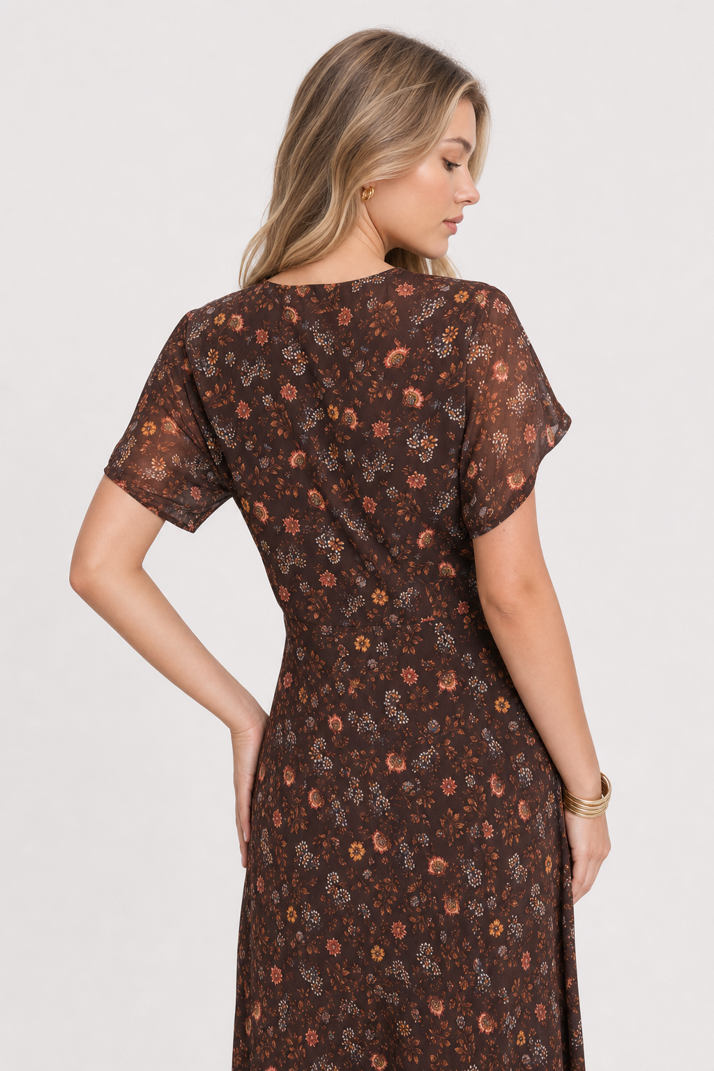 Coffee Floral Chiffon V-Neck Maxi Dress - view 5