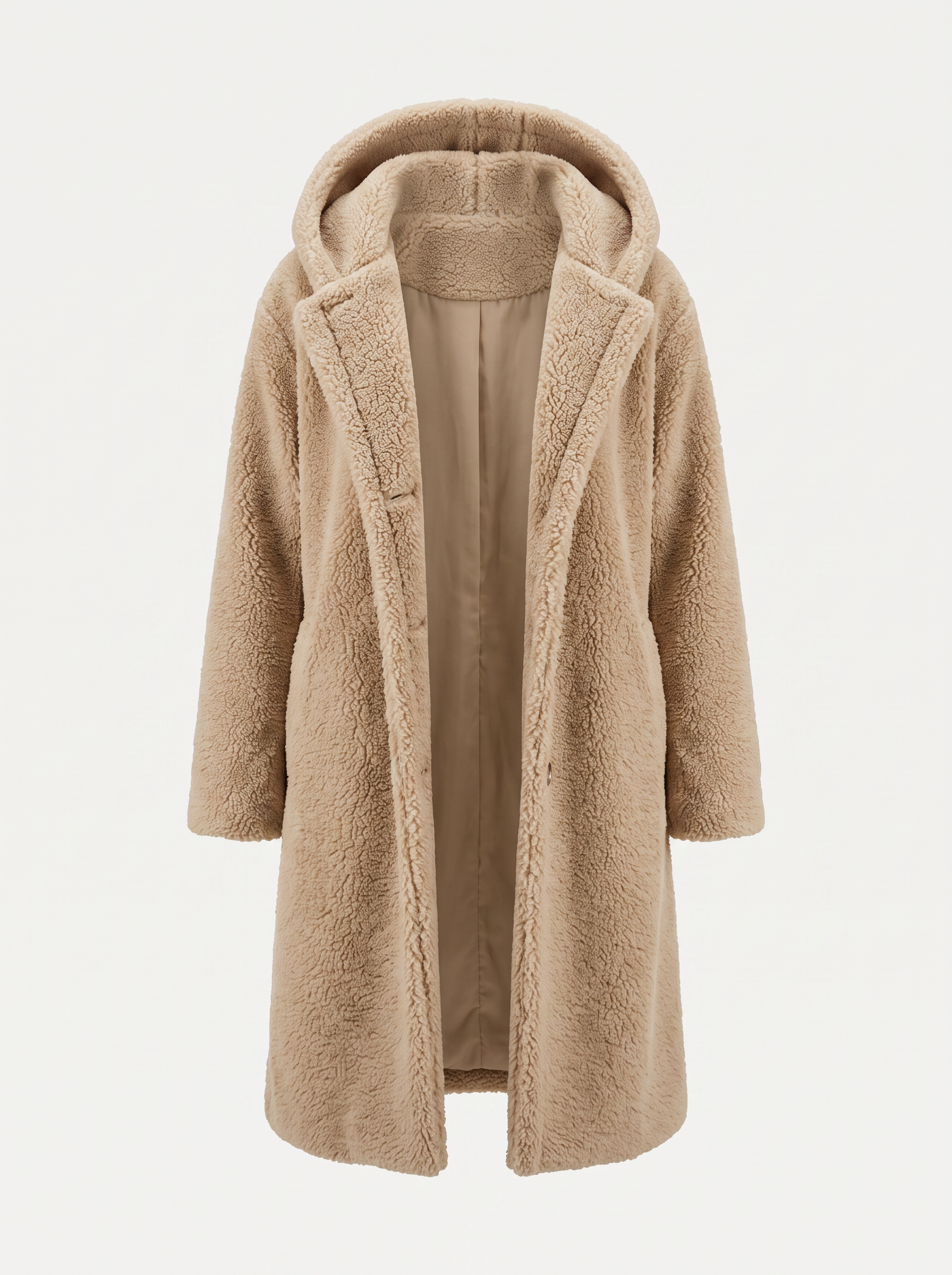 Long teddy wool coat with hood