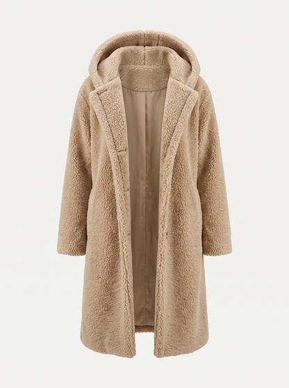 Long teddy wool coat with hood