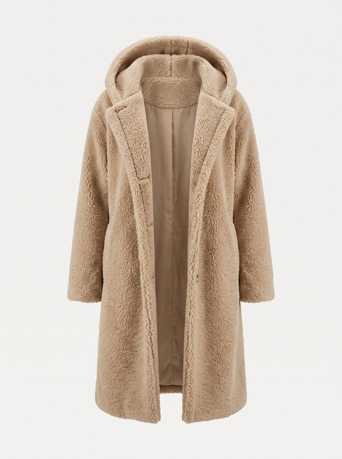 Long teddy wool coat with hood