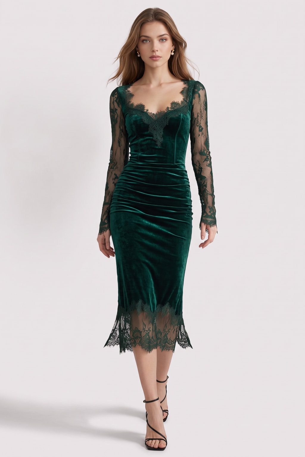 Velvet Midi Dress with Lace Long Sleeves - 4
