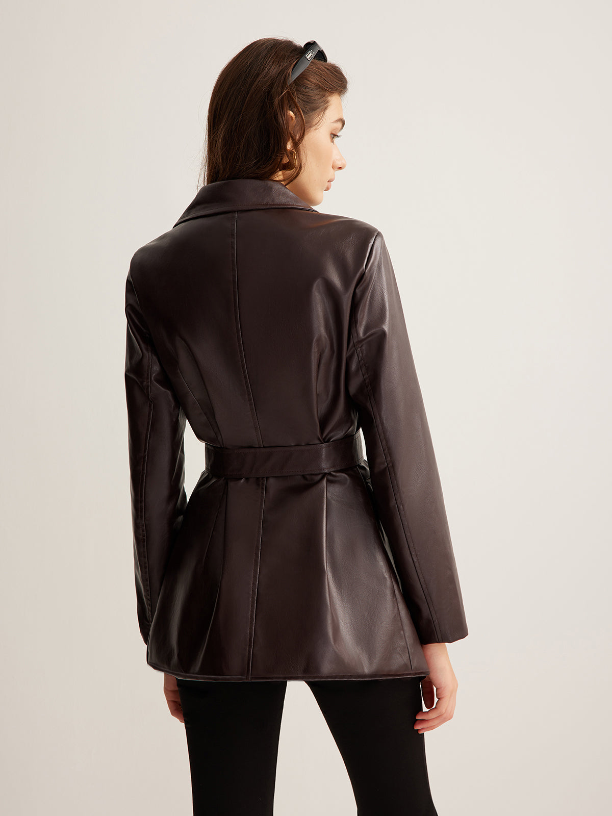 Burgundy Belted Wrap-Front Leather Jacket - view 7