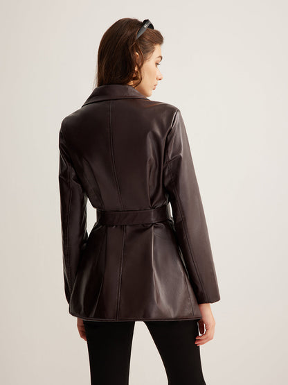 Burgundy Belted Wrap-Front Leather Jacket - view 7