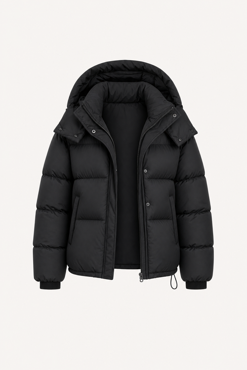 Cropped black quilted puffer jacket with hood
