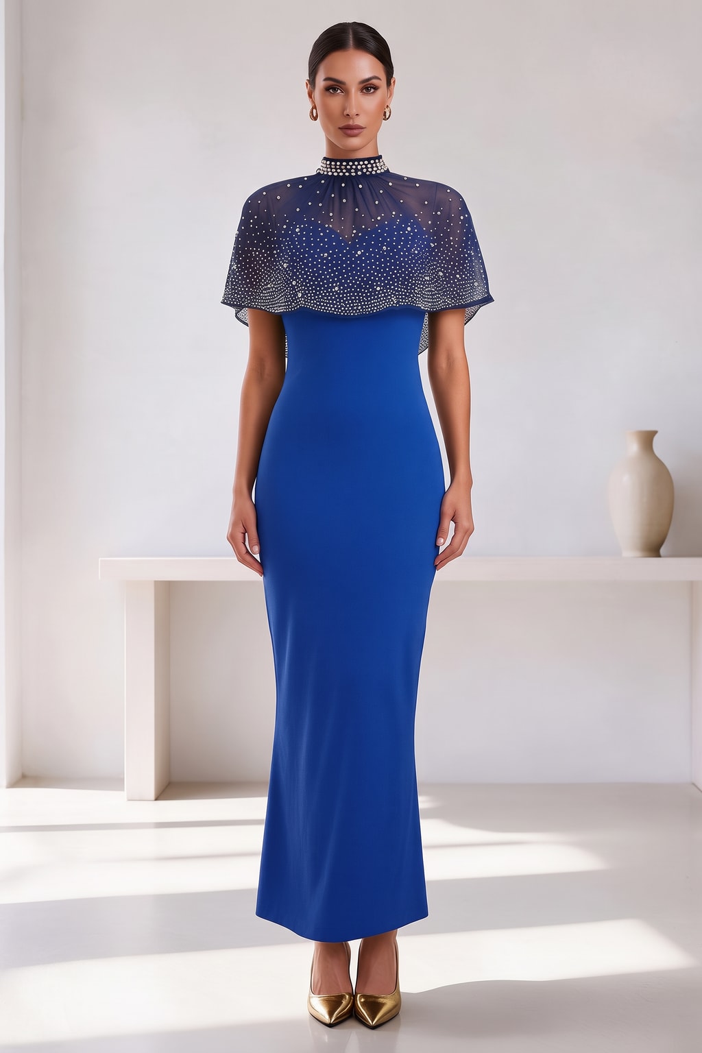 Polyester High-Neck Cape Sleeve Maxi Dress - 6