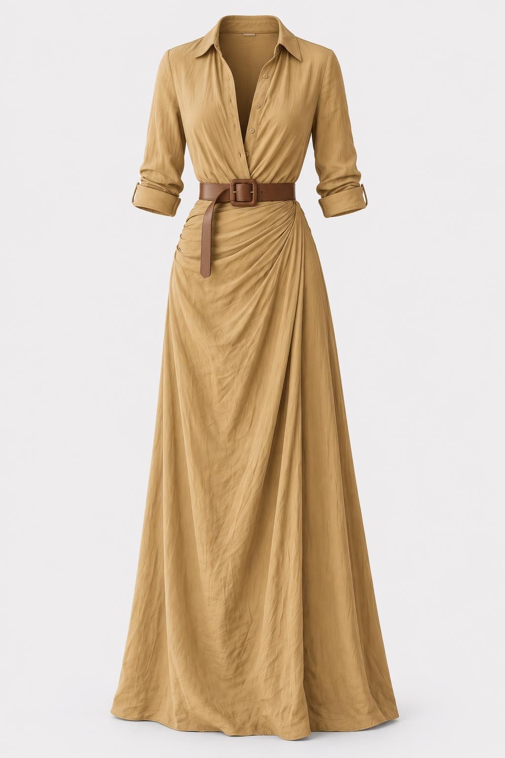 Maxi Dress With Button Front and Belt - 1